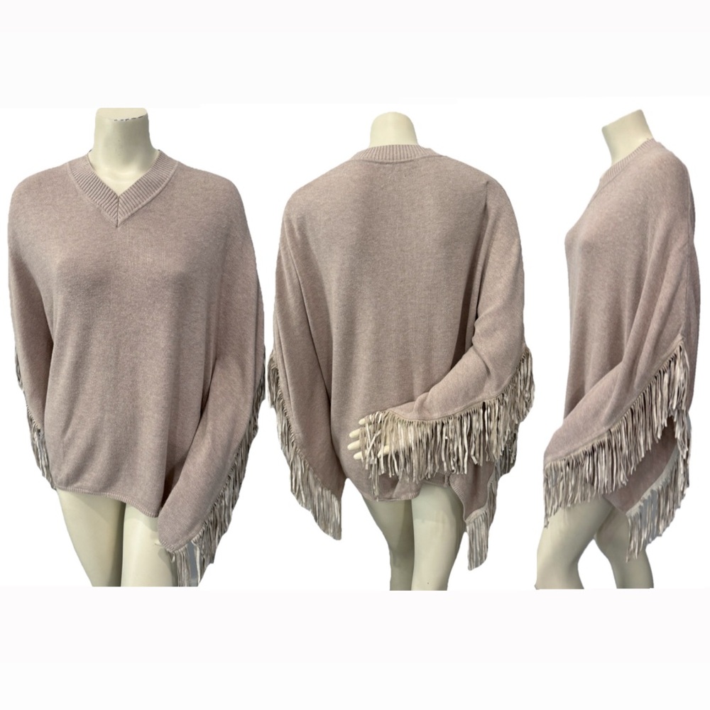Ecru Women’s Fringe Poncho Sweater Knit V-Neck Taupe Beige Boho Cozy Wrap